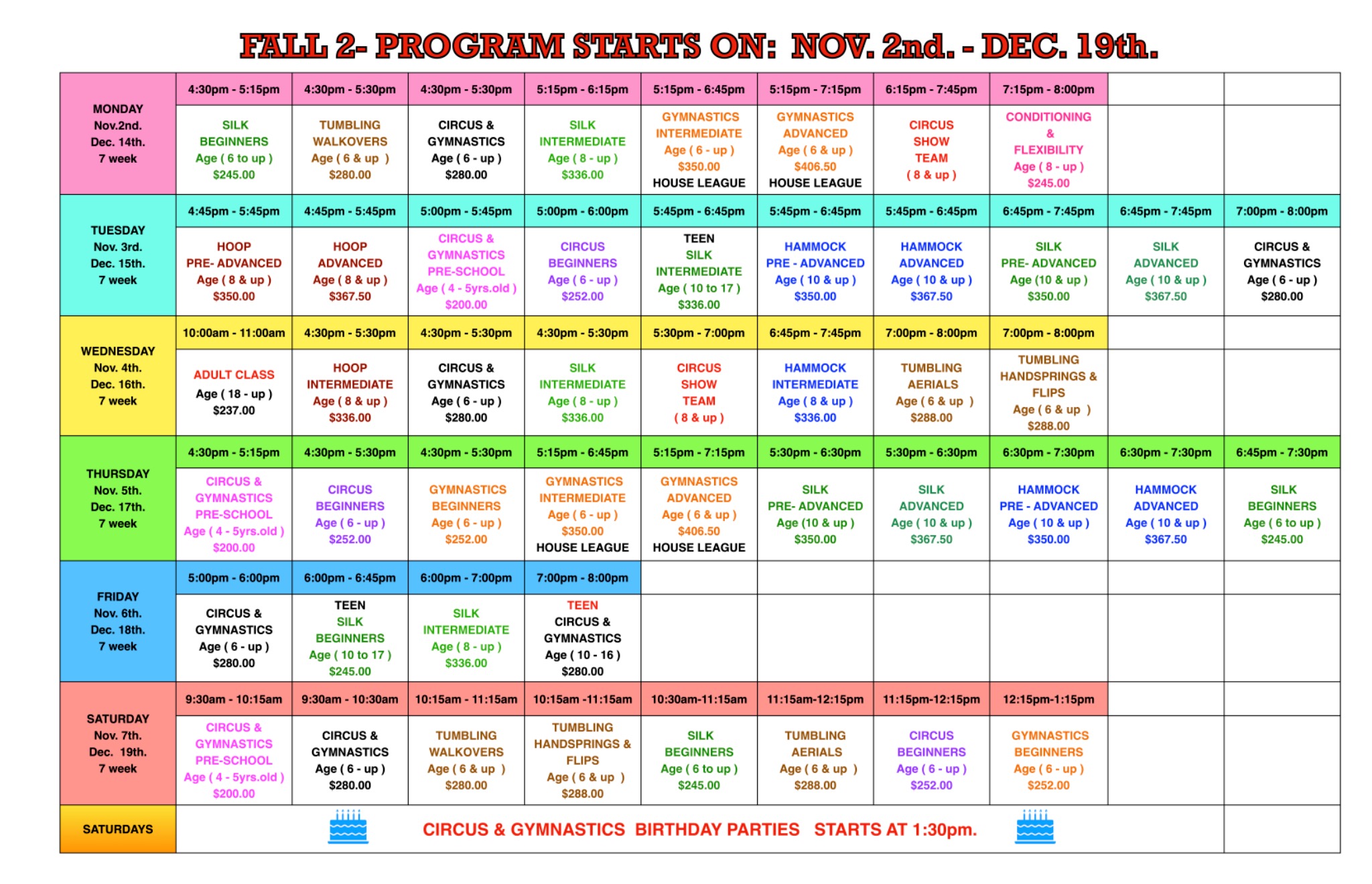 Prestige Circus and Gymnastics Fall 2 2026 weekly class schedule with days, times, class levels and fees