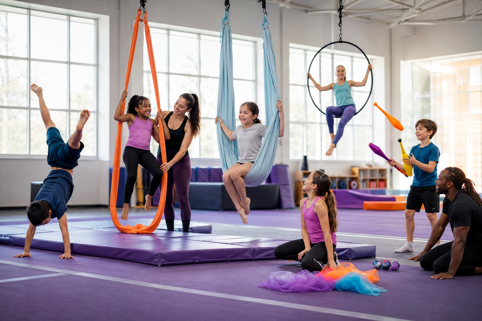 Children enjoying supervised aerial circus and gymnastics activities